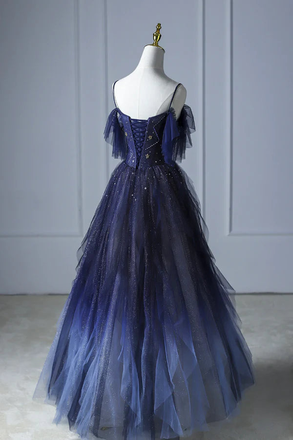Blue Gradient Tulle Long Prom Dress Beautiful Spaghetti Strap Evening Dress
