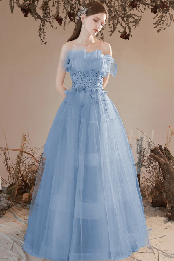 Blue Tulle Beaded Long Formal Dress A-Line Strapless Graduation Dress