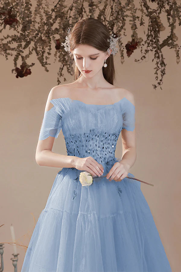 Blue Tulle Beaded Long Formal Dress A-Line Strapless Graduation Dress