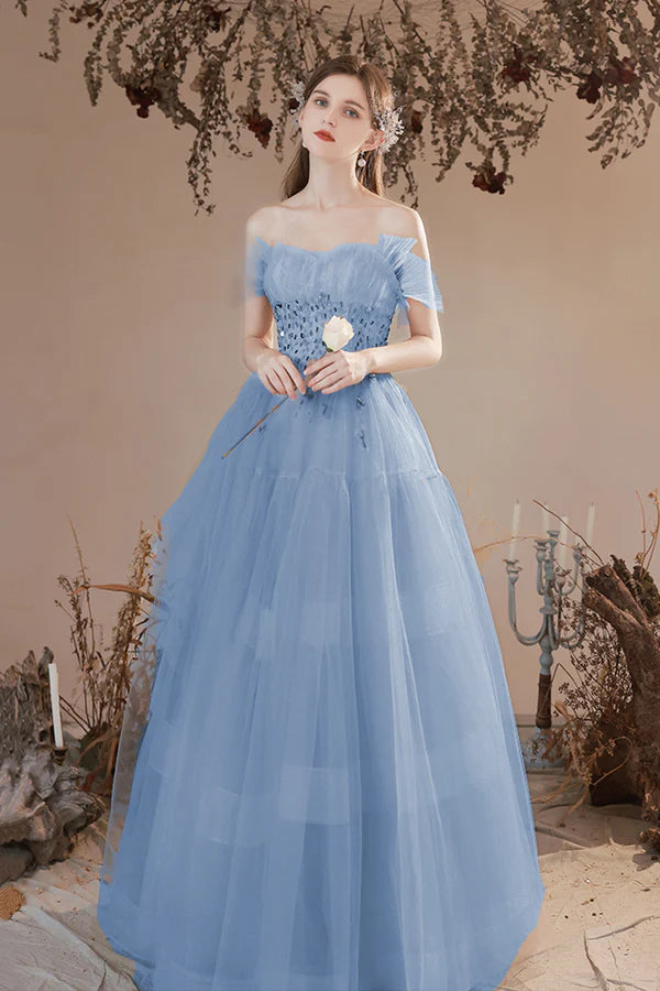 Blue Tulle Beaded Long Formal Dress A-Line Strapless Graduation Dress