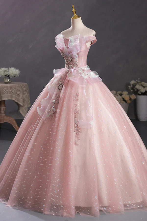 Pink Tulle Long A-Line Prom Dress with Lace Beautiful Off Shoulder Sweet 16 Dress