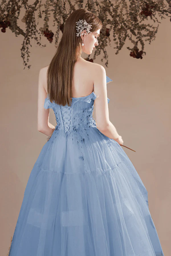 Blue Tulle Beaded Long Formal Dress A-Line Strapless Graduation Dress