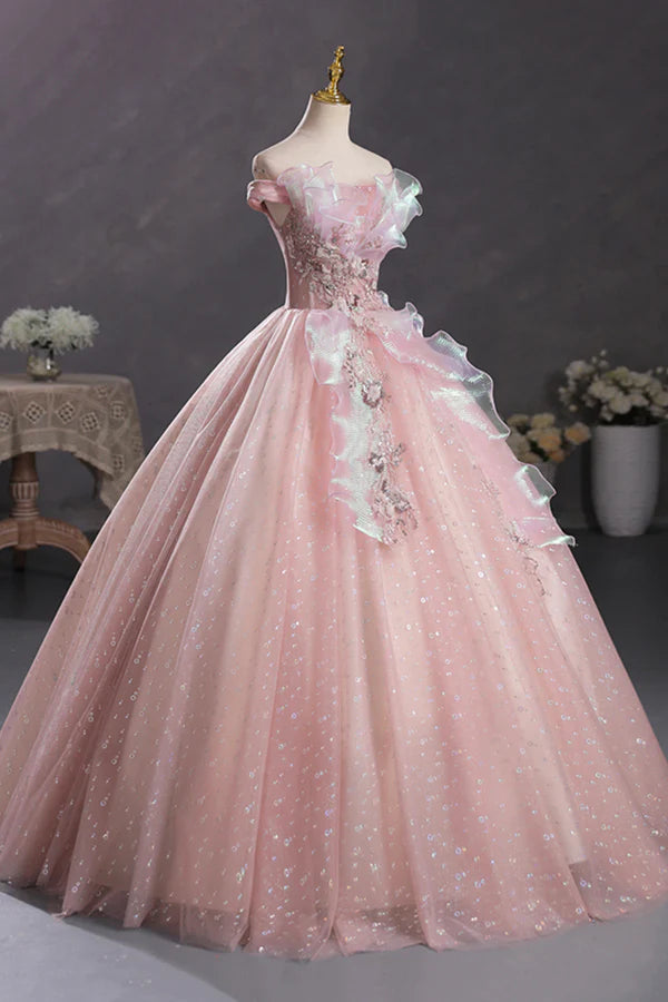 Pink Tulle Long A-Line Prom Dress with Lace Beautiful Off Shoulder Sweet 16 Dress