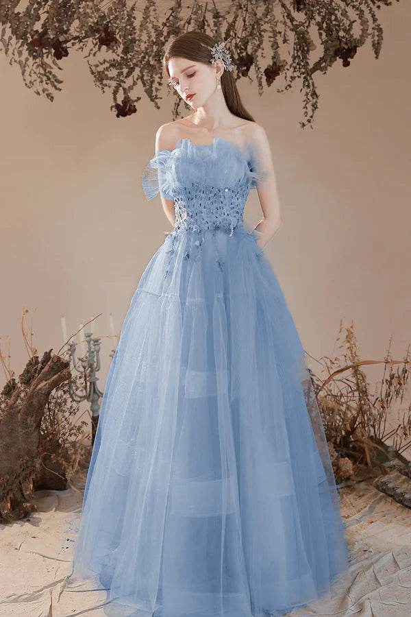 Blue Tulle Beaded Long Formal Dress A-Line Strapless Graduation Dress