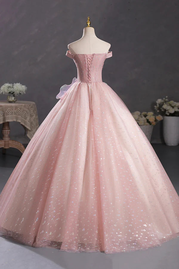 Pink Tulle Long A-Line Prom Dress with Lace Beautiful Off Shoulder Sweet 16 Dress