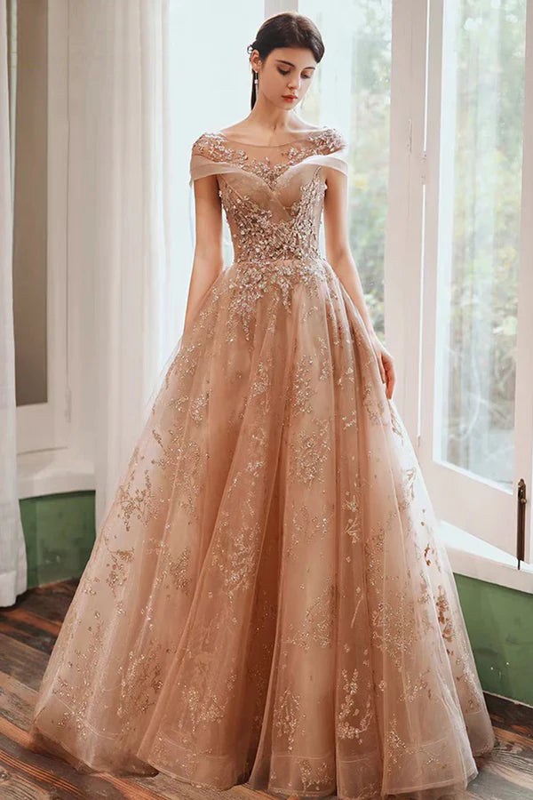 Beautiful Tulle Sequins Long Prom Dress A-Line Evening Dress