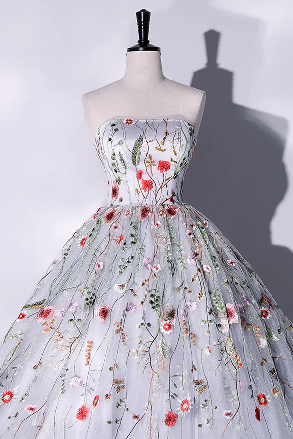 Gray Strapless Floral Tulle Long Prom Dress Cute A-Line Evening Party Dress