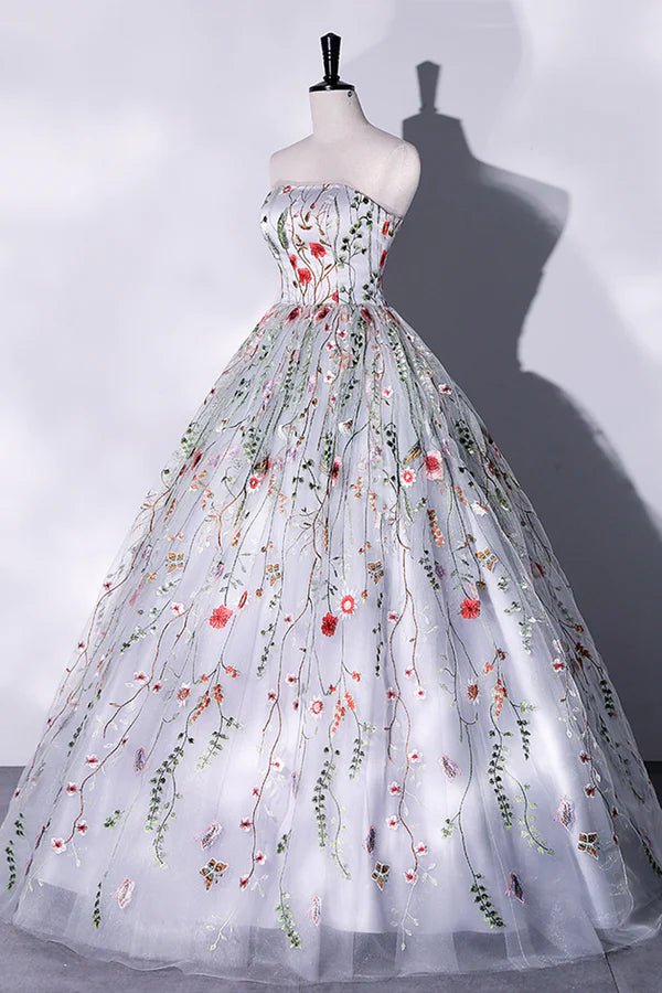 Gray Strapless Floral Tulle Long Prom Dress Cute A-Line Evening Party Dress