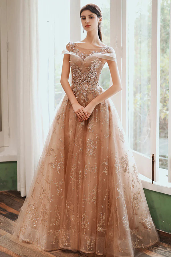 Beautiful Tulle Sequins Long Prom Dress A-Line Evening Dress