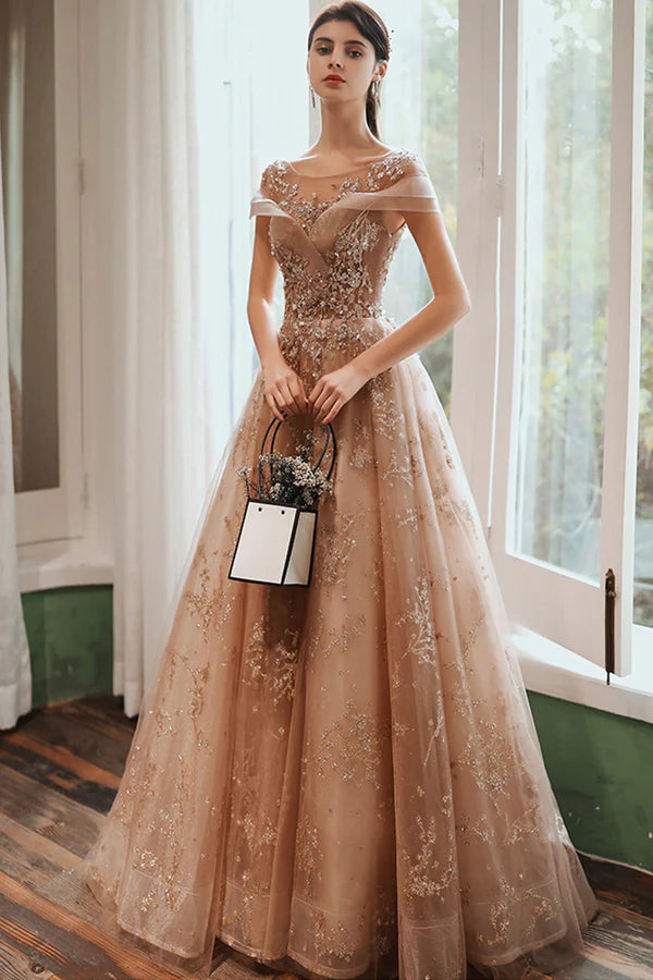 Beautiful Tulle Sequins Long Prom Dress A-Line Evening Dress