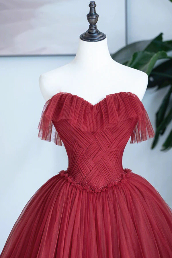 Burgundy Strapless Tulle Long Formal Dress Sweetheart Neckline Evening Dress