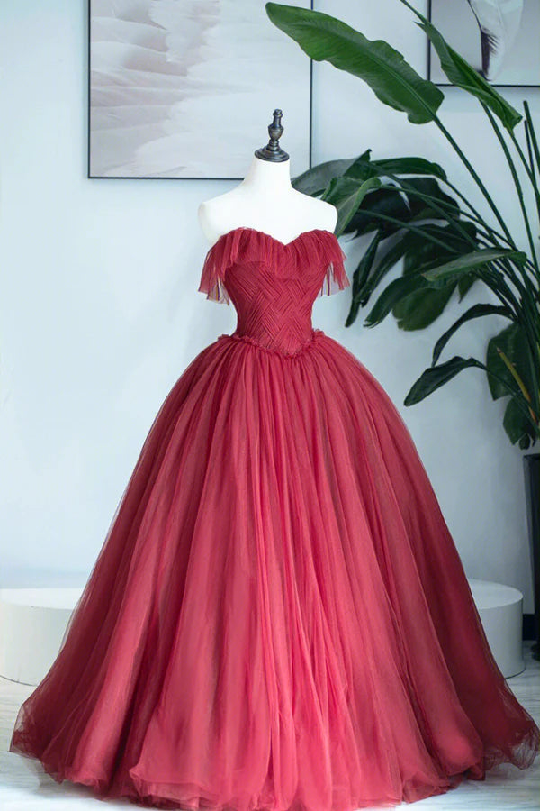 Burgundy Strapless Tulle Long Formal Dress Sweetheart Neckline Evening Dress