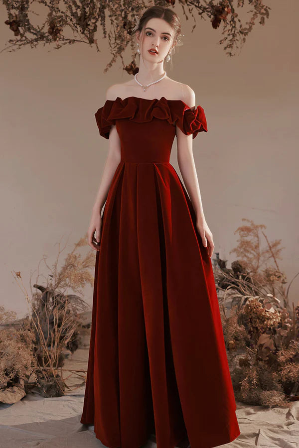 Burgundy Velvet Long Prom Dress A-Line Off the Shoulder Party Dress