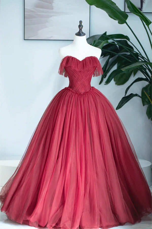 Burgundy Strapless Tulle Long Formal Dress Sweetheart Neckline Evening Dress