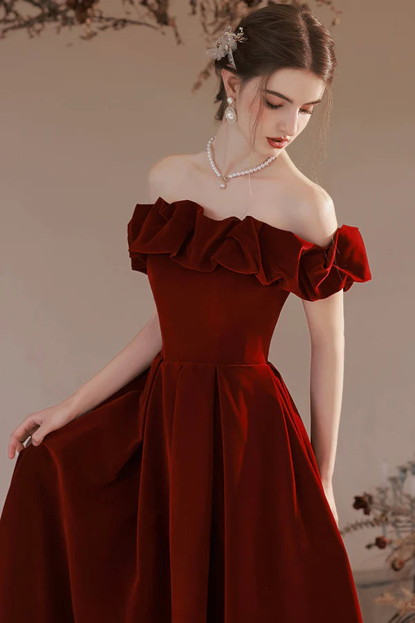 Burgundy Velvet Long Prom Dress A-Line Off the Shoulder Party Dress