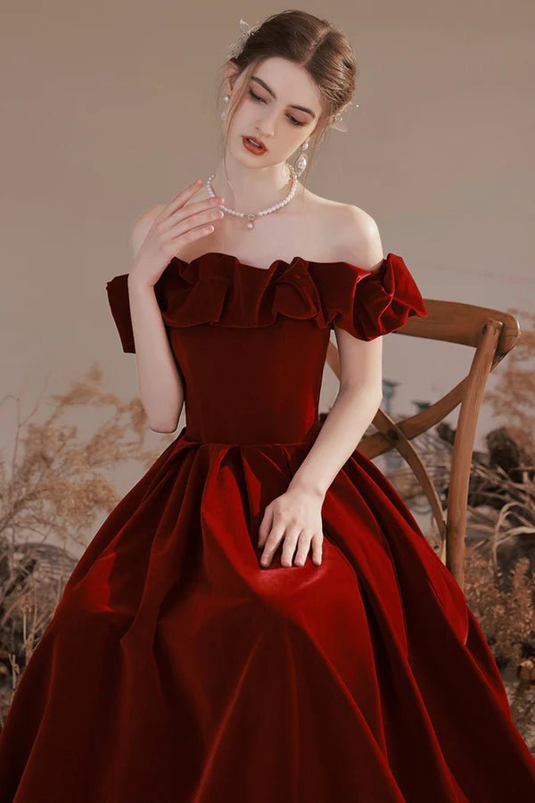 Burgundy Velvet Long Prom Dress A-Line Off the Shoulder Party Dress