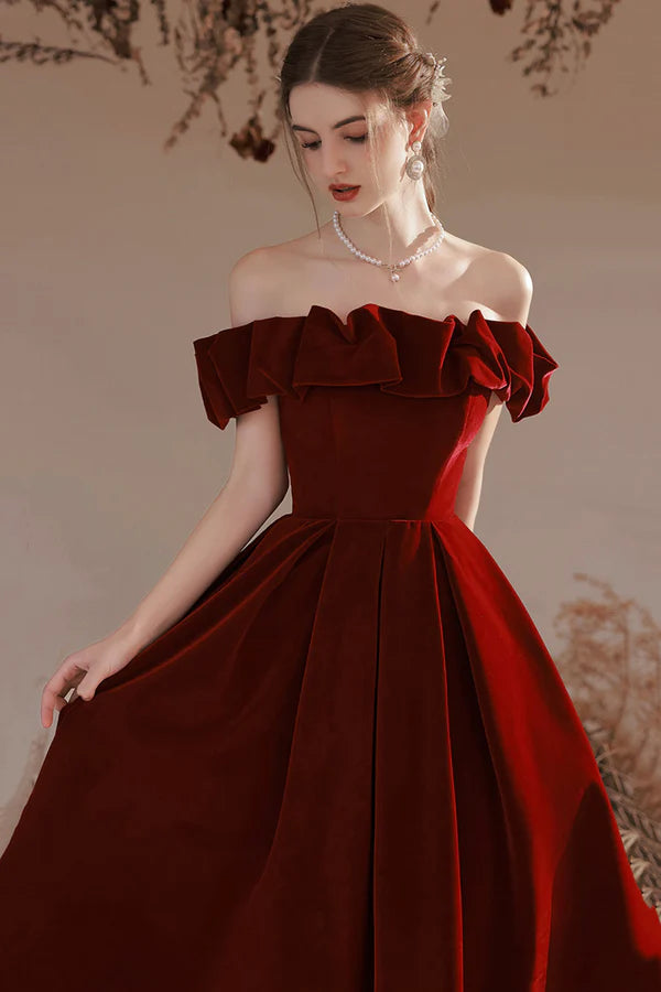 Burgundy Velvet Long Prom Dress A-Line Off the Shoulder Party Dress