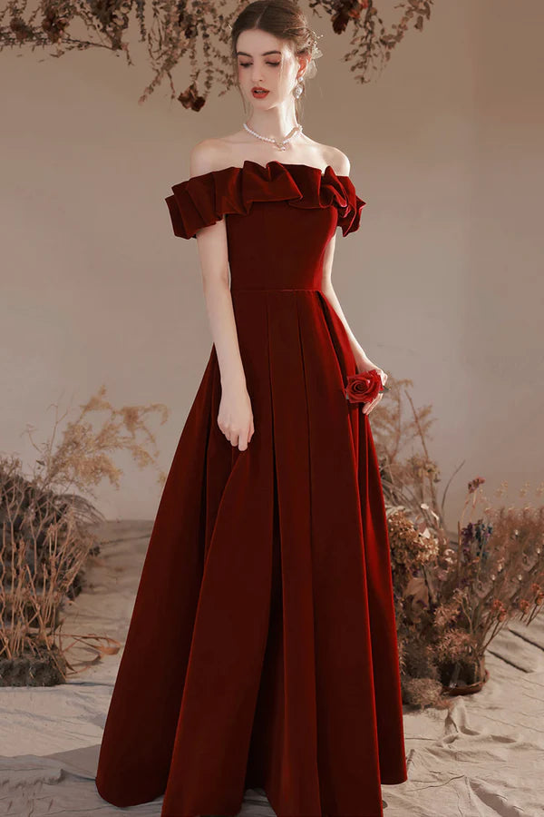 Burgundy Velvet Long Prom Dress A-Line Off the Shoulder Party Dress