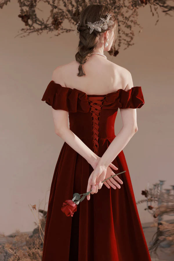 Burgundy Velvet Long Prom Dress A-Line Off the Shoulder Party Dress
