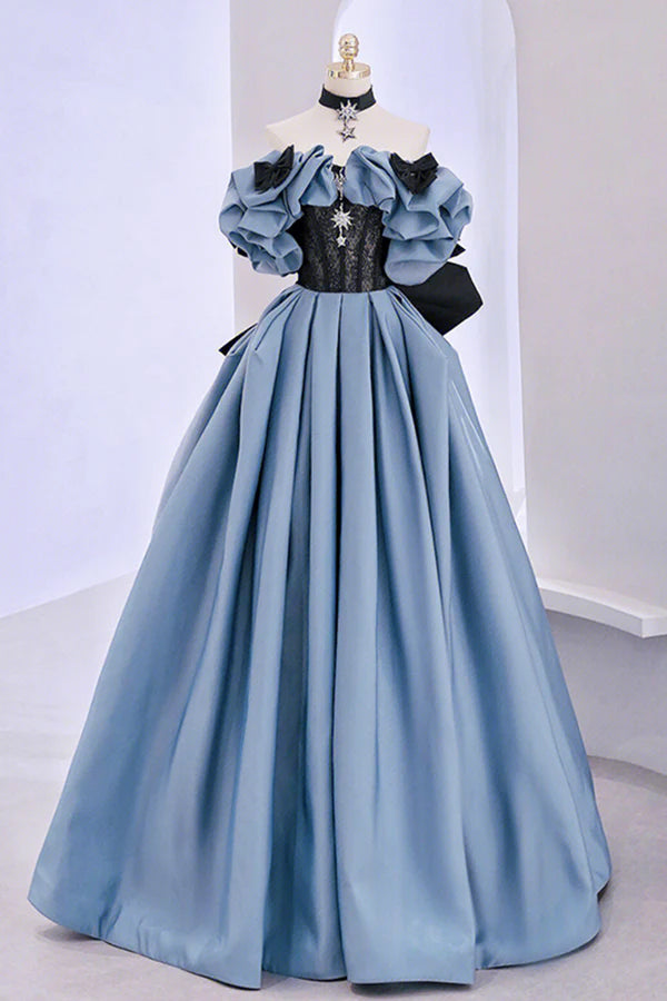 Blue Satin Lace Long Prom Dress Off Shoulder Evening Party Dress