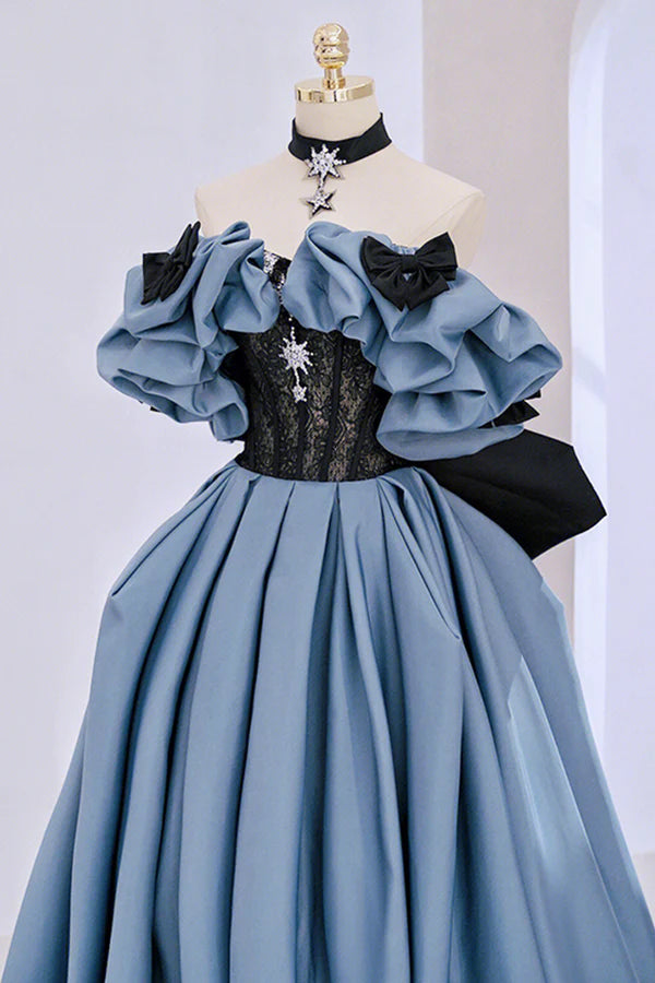 Blue Satin Lace Long Prom Dress Off Shoulder Evening Party Dress