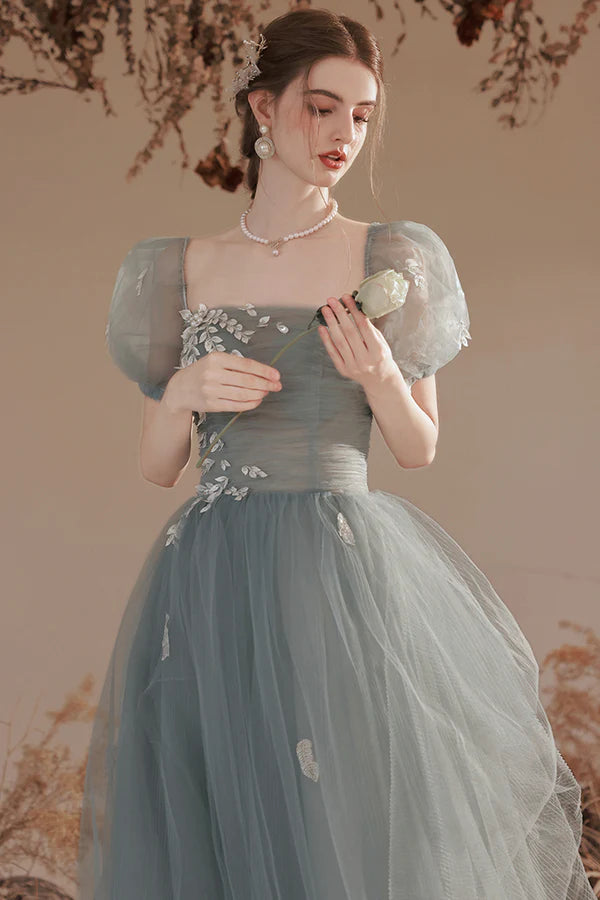 Cute Tulle Lace Long Prom Dress with Lace A-Line Short Sleeve Graduation Dress