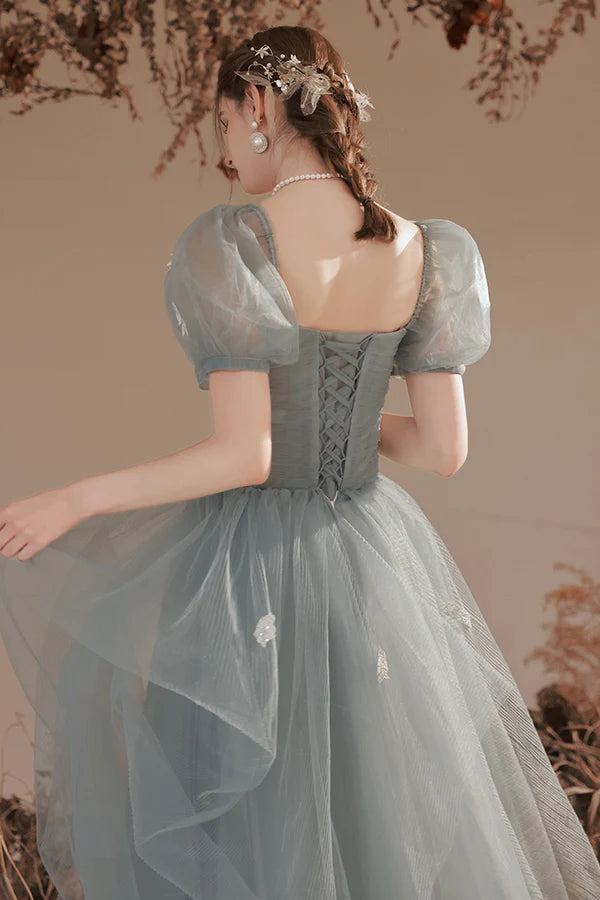 Cute Tulle Lace Long Prom Dress with Lace A-Line Short Sleeve Graduation Dress