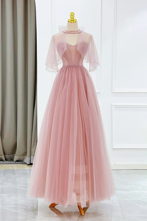Pink Tulle Beaded Long Prom Dress Lovely Pink Evening Dress