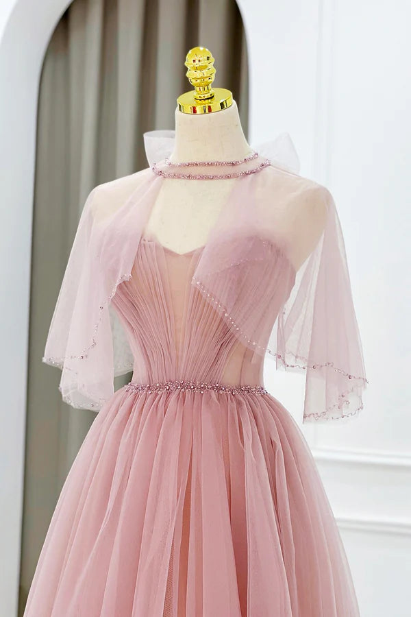 Pink Tulle Beaded Long Prom Dress Lovely Pink Evening Dress