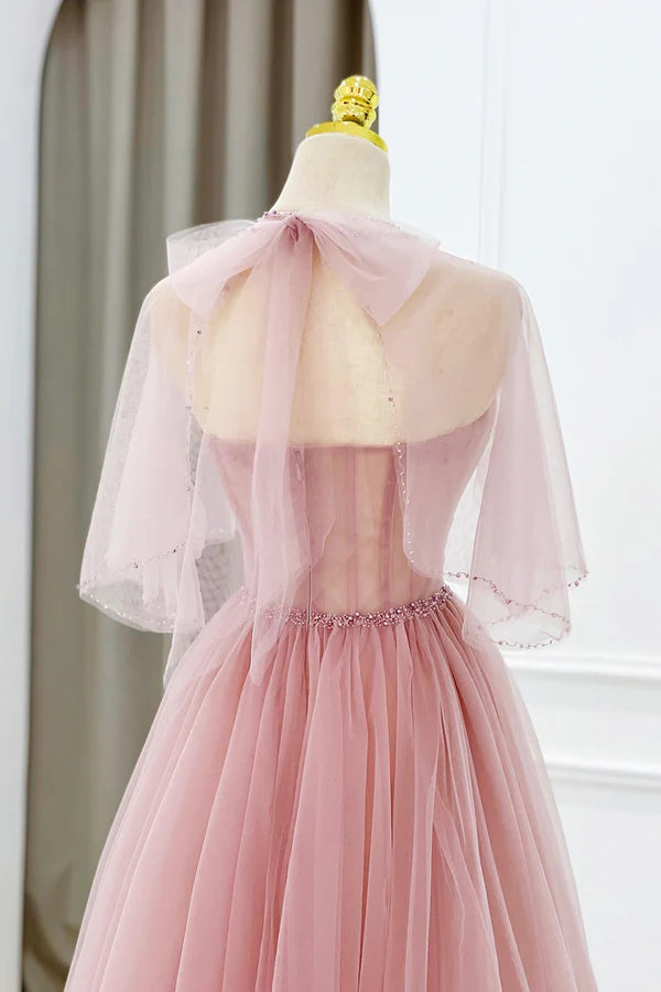 Pink Tulle Beaded Long Prom Dress Lovely Pink Evening Dress