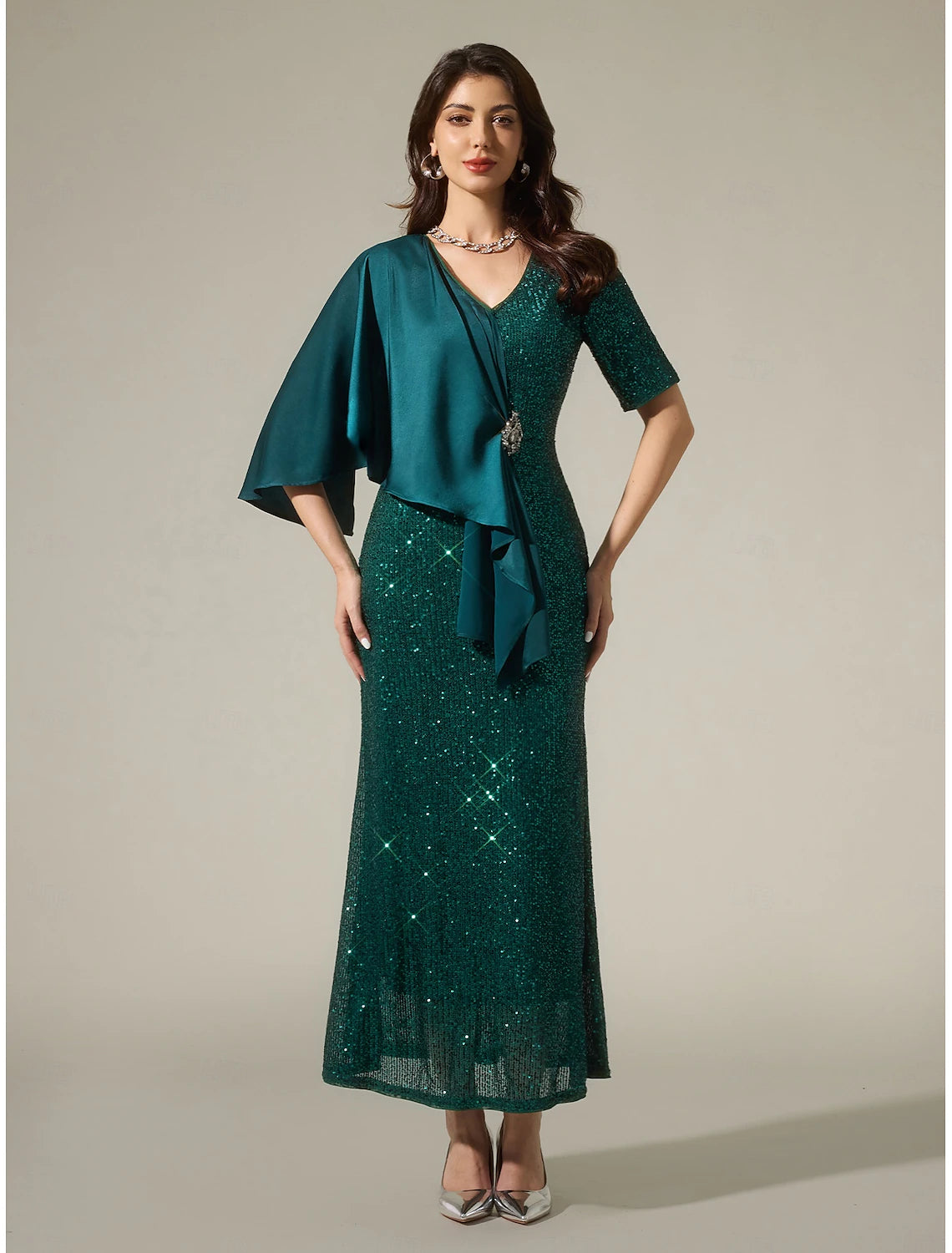 Buyishang Green Satin Sequin Sparkly Mismatched Short Sleeve Mother of the Bride Sparkly Maxi Dress dress to impress