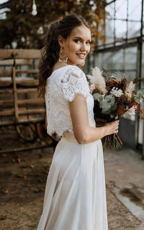 Buyishang Vintage Boho Two-Piece Bateau Satin and Lace Short Sleeve Wedding Dress with Pleats and Sweep Train