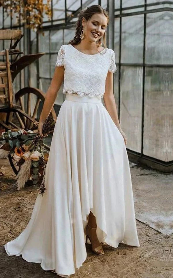 Buyishang Vintage Boho Two-Piece Bateau Satin and Lace Short Sleeve Wedding Dress with Pleats and Sweep Train