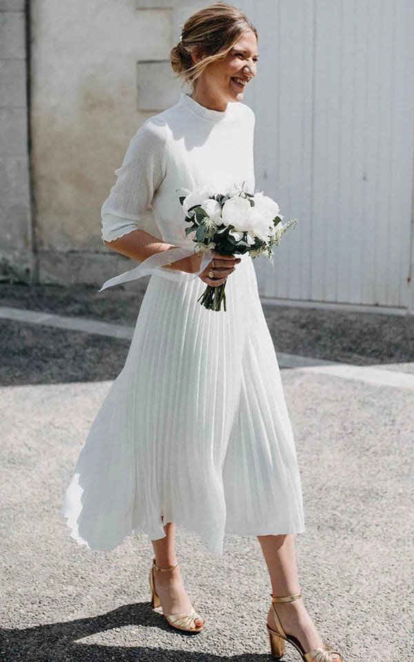 Buyishang Vintage Modest Long Sleeve Wedding Dress with Pleats Simple Tea-length A-Line High Neck