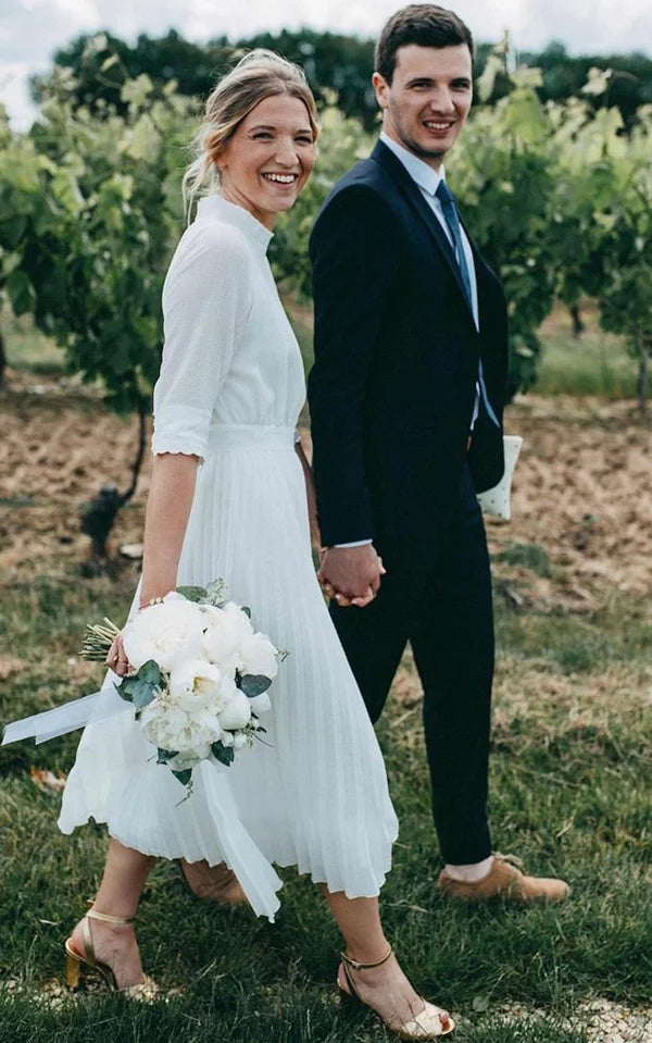 Buyishang Vintage Modest Long Sleeve Wedding Dress with Pleats Simple Tea-length A-Line High Neck