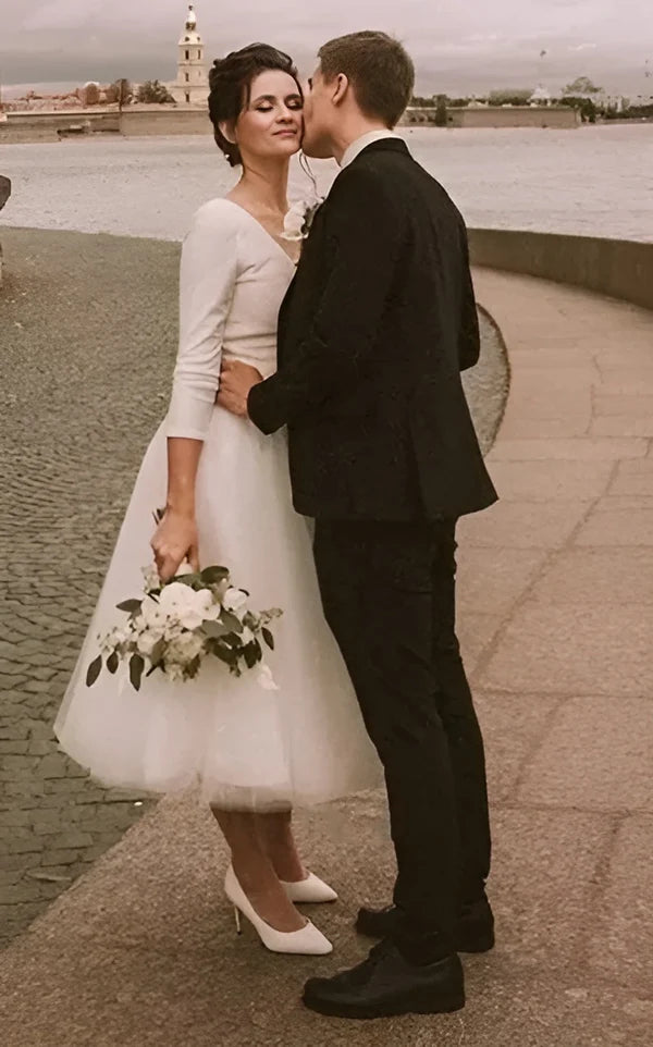 Buyishang Vintage Short Casual Simple Long Sleeve A-line Tea-length Plunging Neckline Satin Wedding Dress