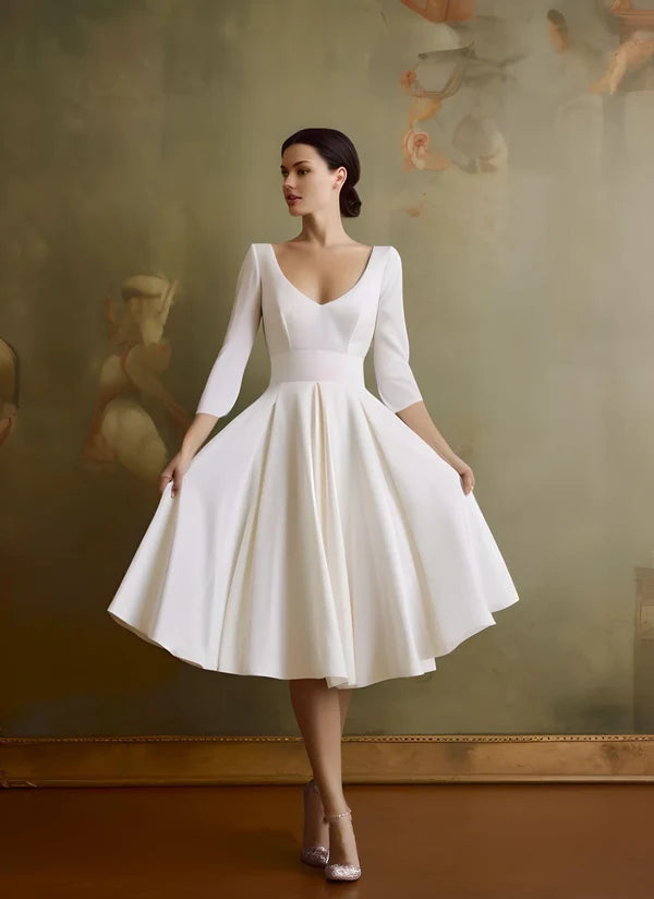Buyishang Vintage Sleeved A-Line V-neck Satin Tea Length Wedding Dress