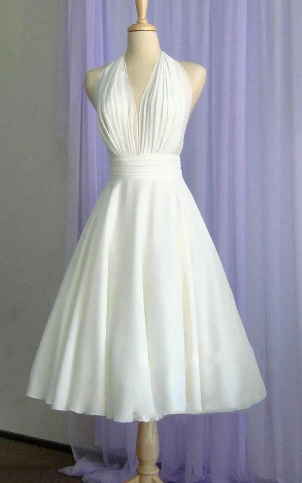 Buyishang Vintage Tea-Length Chiffon Wedding Dress With Halter Neck and Bow