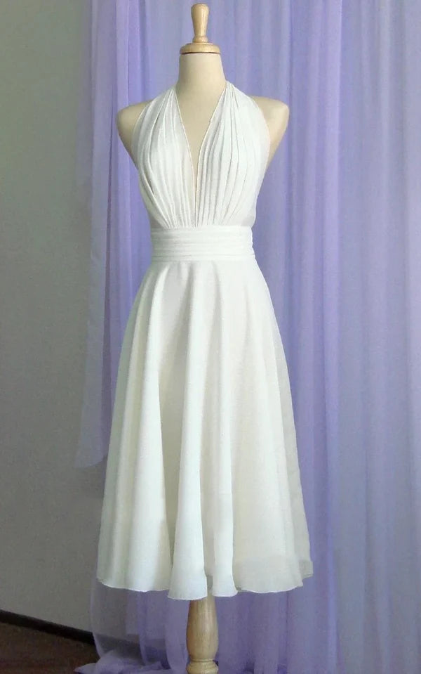 Buyishang Vintage Tea-Length Chiffon Wedding Dress With Halter Neck and Bow
