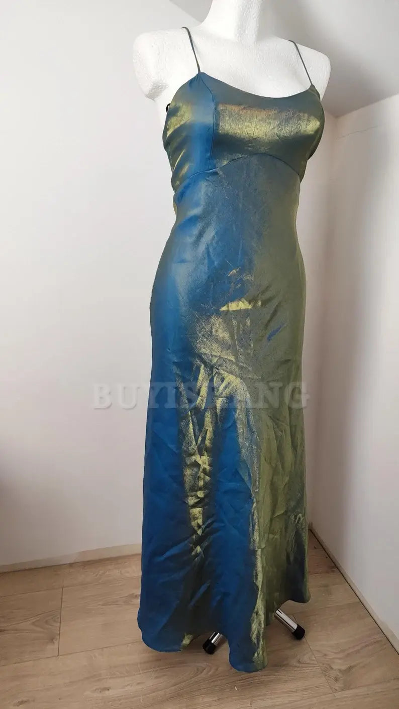 Buyishang vintage blue gold like siren dress party shiny blink sparkling metalic style minimalistic
