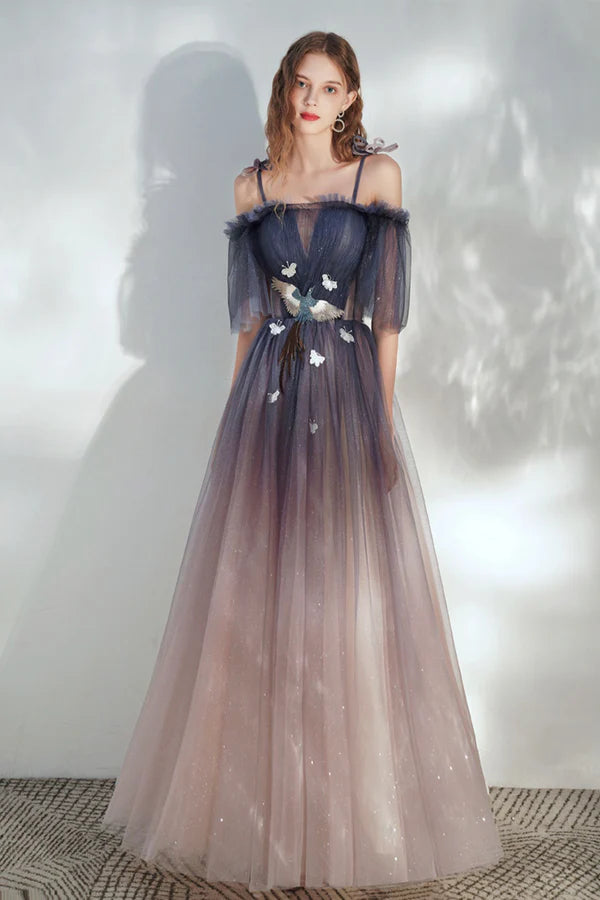 Lovely Spaghetti Straps Lace Long Prom Dress A-Line Evening Dress