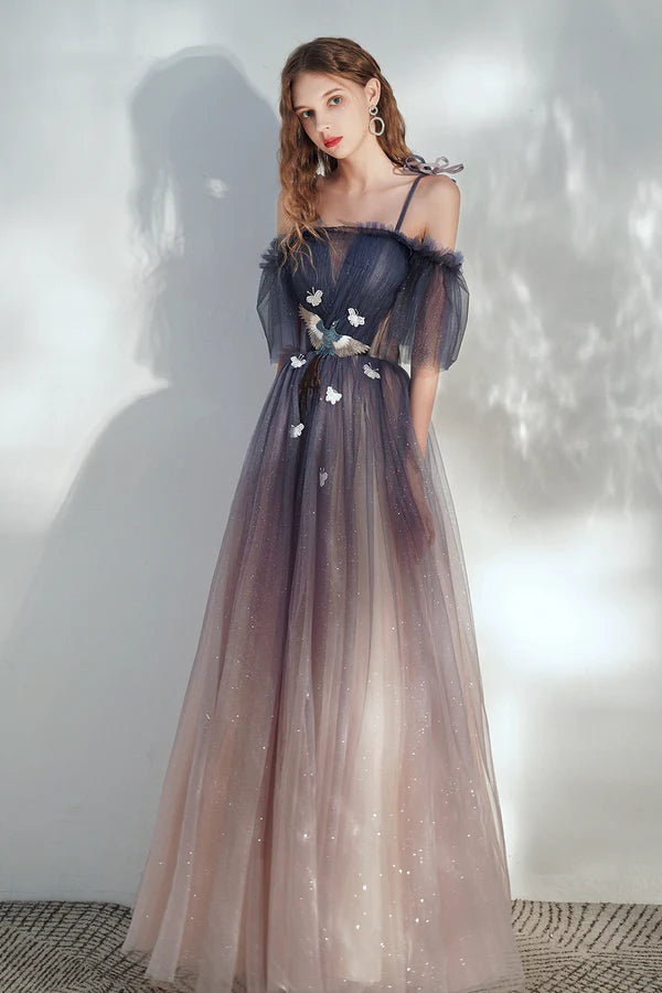 Lovely Spaghetti Straps Lace Long Prom Dress A-Line Evening Dress