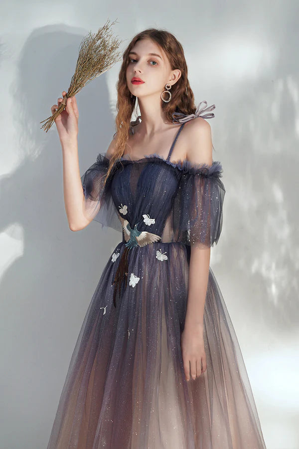 Lovely Spaghetti Straps Lace Long Prom Dress A-Line Evening Dress