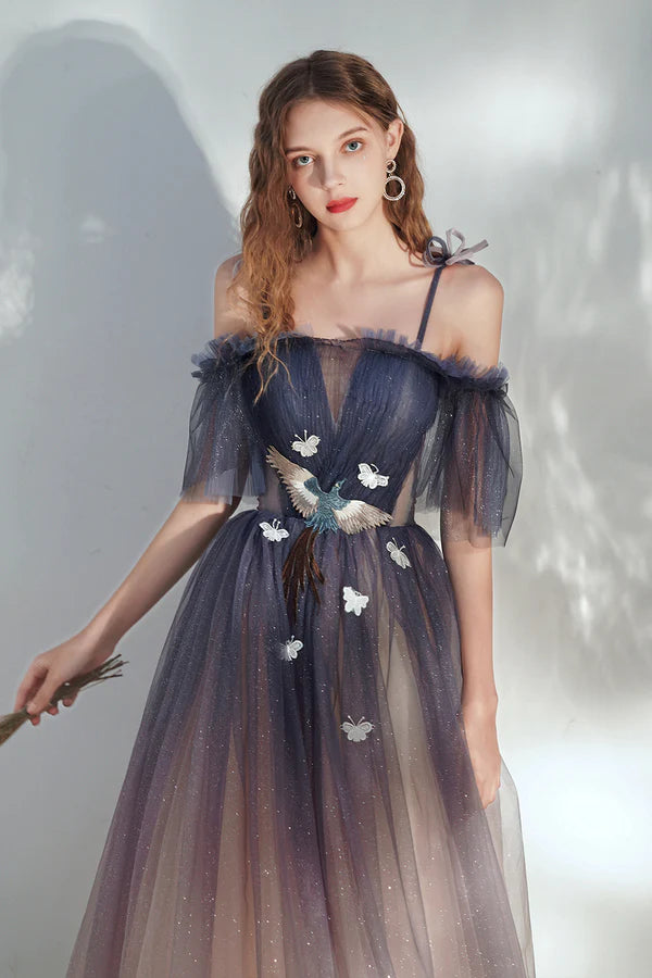 Lovely Spaghetti Straps Lace Long Prom Dress A-Line Evening Dress