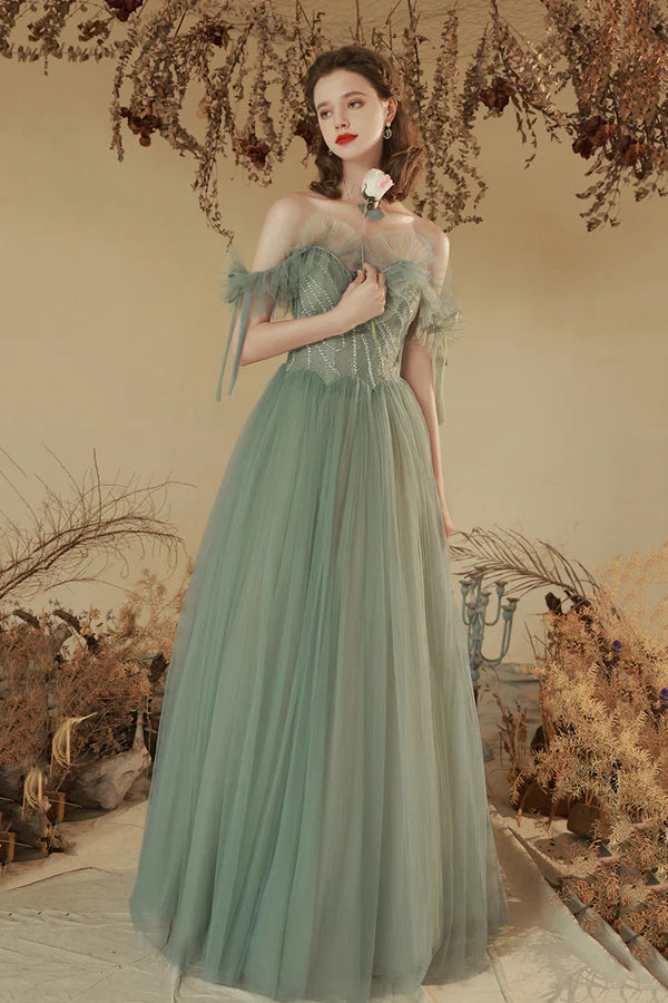 Green Off the Shoulder Tulle Long Prom Dress Cute A-Line Party Dress