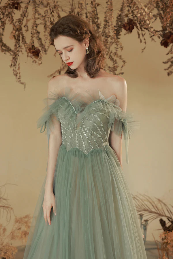 Green Off the Shoulder Tulle Long Prom Dress Cute A-Line Party Dress