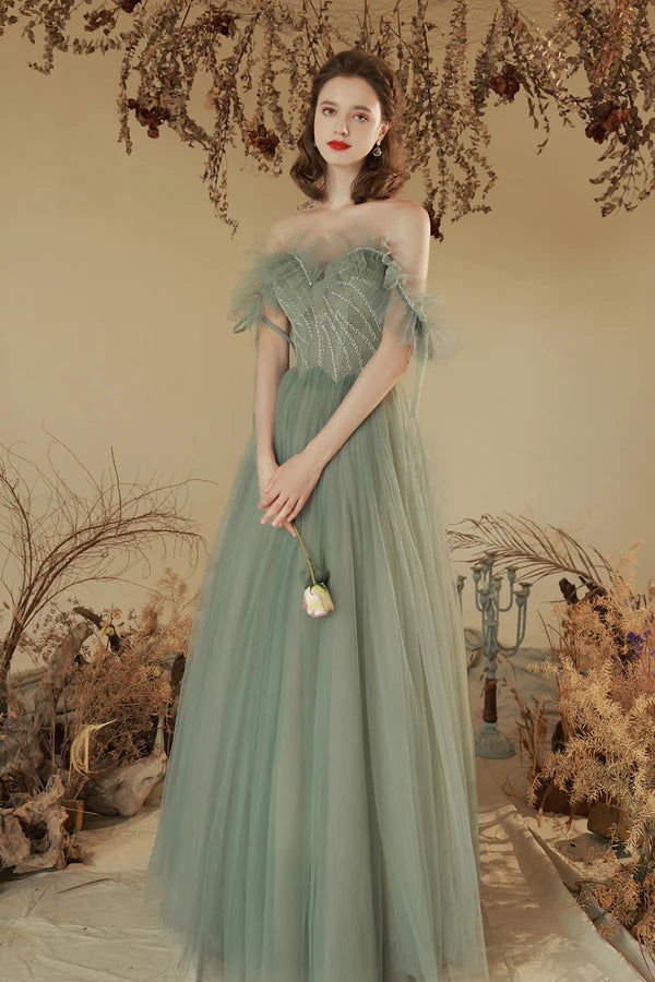 Green Off the Shoulder Tulle Long Prom Dress Cute A-Line Party Dress