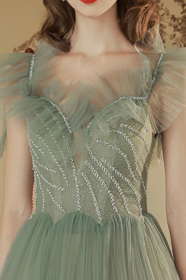 Green Off the Shoulder Tulle Long Prom Dress Cute A-Line Party Dress