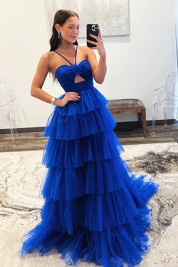 Blue Tulle Layers Long Prom Dress Beautiful A-Line Backless Evening Party Dress