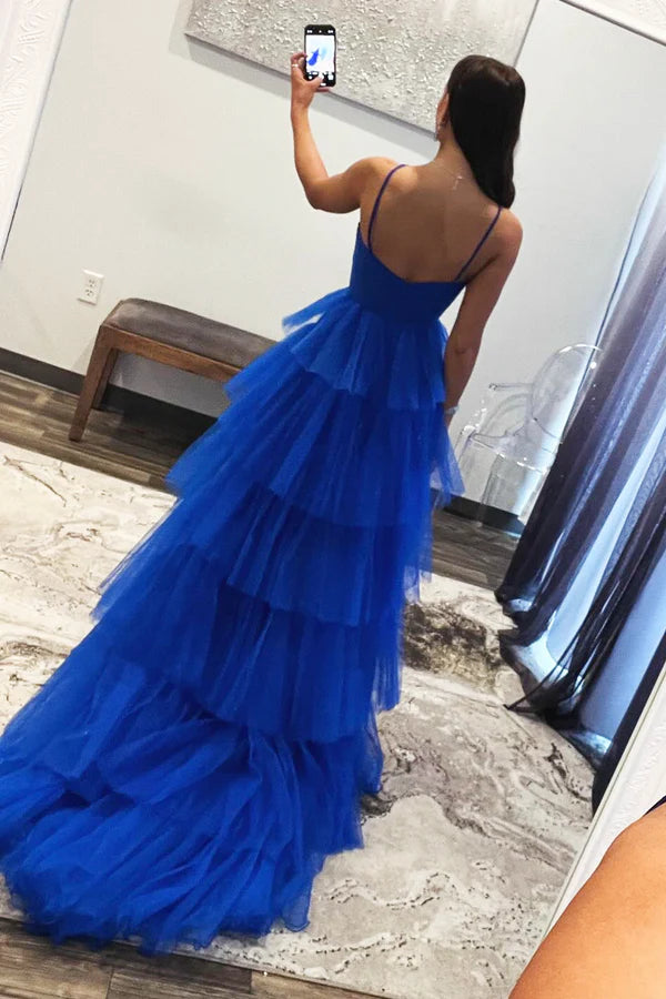 Blue Tulle Layers Long Prom Dress Beautiful A-Line Backless Evening Party Dress
